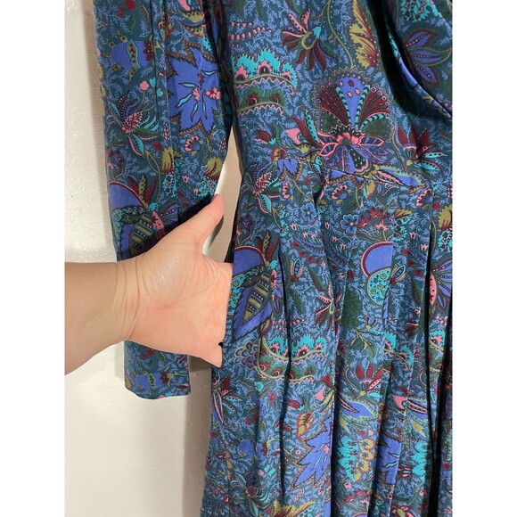 Vintage Albert Nipon Silk Midi Dress Blue Floral Paisley Pleated 90s Size 2 - Picture 9 of 15